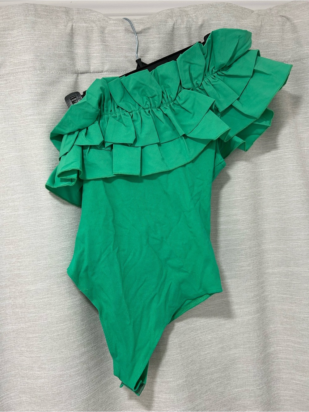 Green One-Shoulder Ruffle Bodysuit